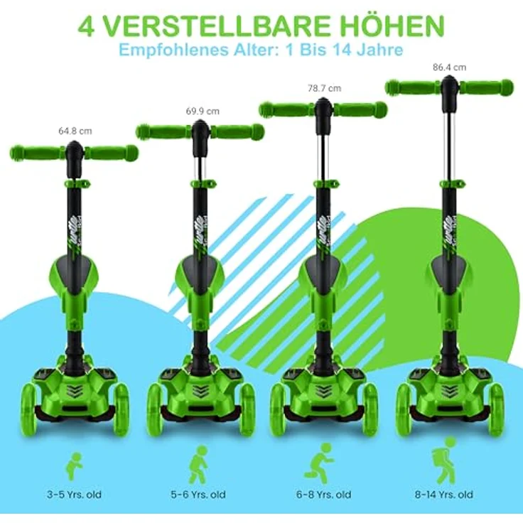 Hurtle Kinderscooter ScootKid, 3-Rad Roller mit Klapp- & Abnehmbarem Sitz, großen Rädern, LED-Lichtern und verstellbarem Lenker für Kinder bis 60kg – Bild 6