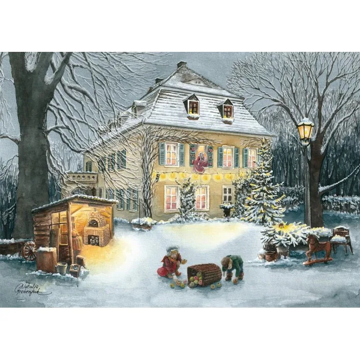 Pappnoptikum Frau Holle Adventskalender mit Rittergut Endschütz Motiv, Papier, 38 x 27 cm, Veränder-mich-Motiv
