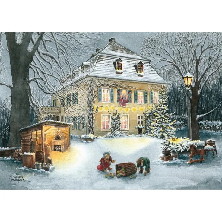 Pappnoptikum Frau Holle Adventskalender mit Rittergut Endschütz Motiv, Papier, 38 x 27 cm, Veränder-mich-Motiv