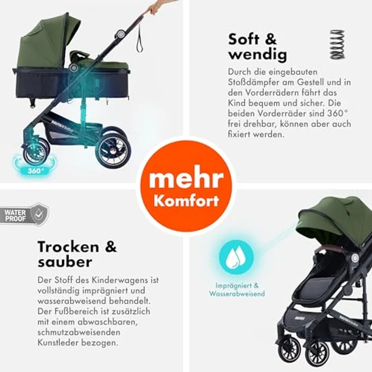 Daliya® NEOMOVE 3in1 Kinderwagen, Buggy & i-Size Babyschale | Alu-Rahmen | Faltbare Konstruktion | Pannensichere PU-Reifen | Großer Einkaufskorb | Stadt & Gelände (Schwarz-Olivgrün) – Bild 4