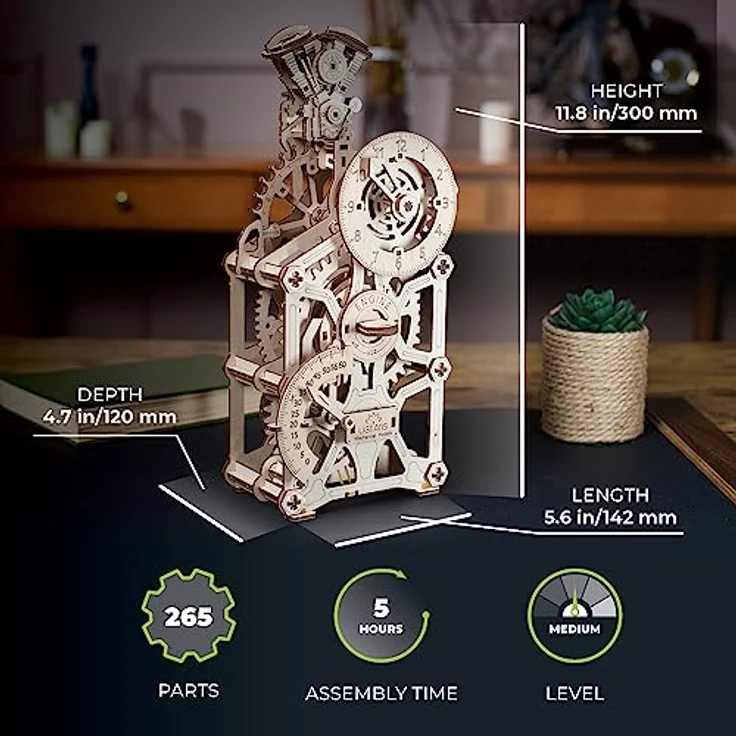 UGEARS Motoren-Uhr 3D Holzpuzzle für Erwachsene - Mechanische 3D Puzzle Uhr Holz - Funktionelle Uhr Modellbausatz mit Bewegliche Kolben - Selbst Bauen holzmodelle bausätze ideal für Modellbau Fan - Preisvergleich – Bild 2