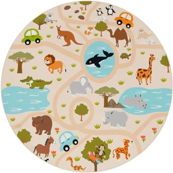 TT Home Kinderteppich, rutschfest für Babyzimmer und Kinderzimmer, Tiere und Weltkarte, grün gelb creme, 200 cm rund – Bild 4