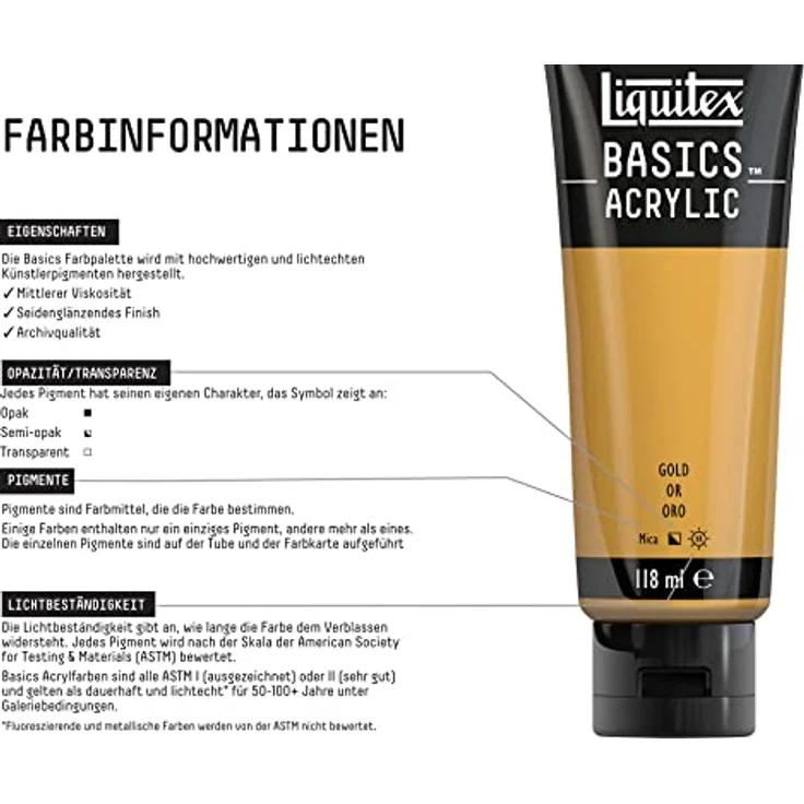 Liquitex 8870020 Basics Acrylfarbe, monopigmentierte Künstlerpigmente, lichtecht, mittlere Viskosität, seidenglänzender Finish, 118ml Tube - Gold – Bild 3