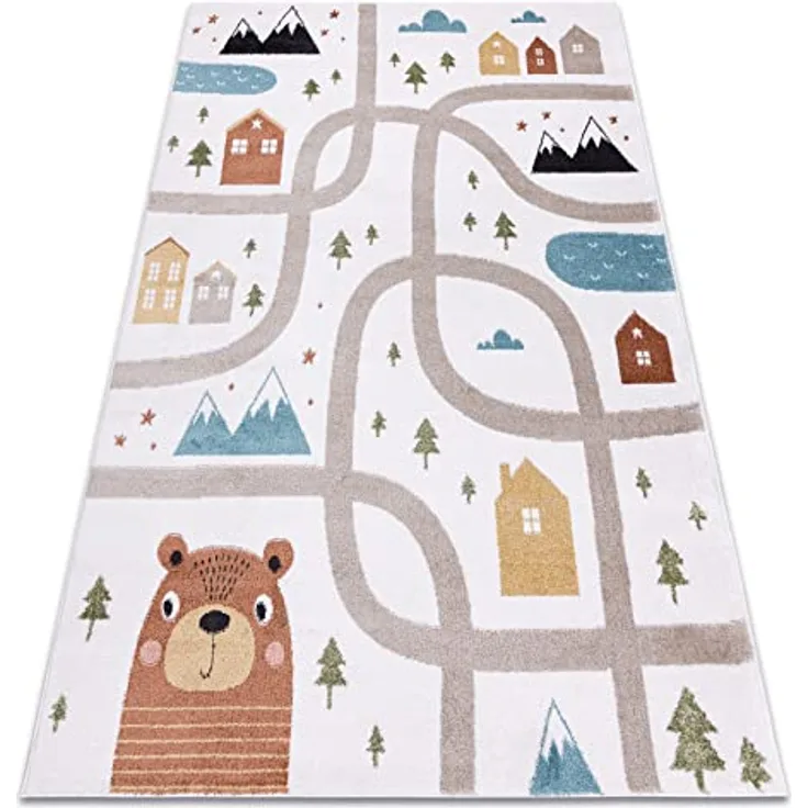 rugsx Fun Polar Kinderteppich „Straßen, Wald”, creme, 80x150 cm, 100% Polypropylen, pflegeleicht, für Fußbodenheizung geeignet
