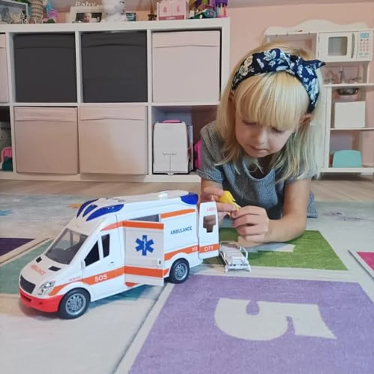 KRUZZEL Rettungswagen Krankenwagen Ambulanzwagen Spielzeugauto Licht & Sound 22731, weiß orange blau, mit realistischen Türen, Trage und beeindruckenden Licht- und Soundeffekten – Bild 5