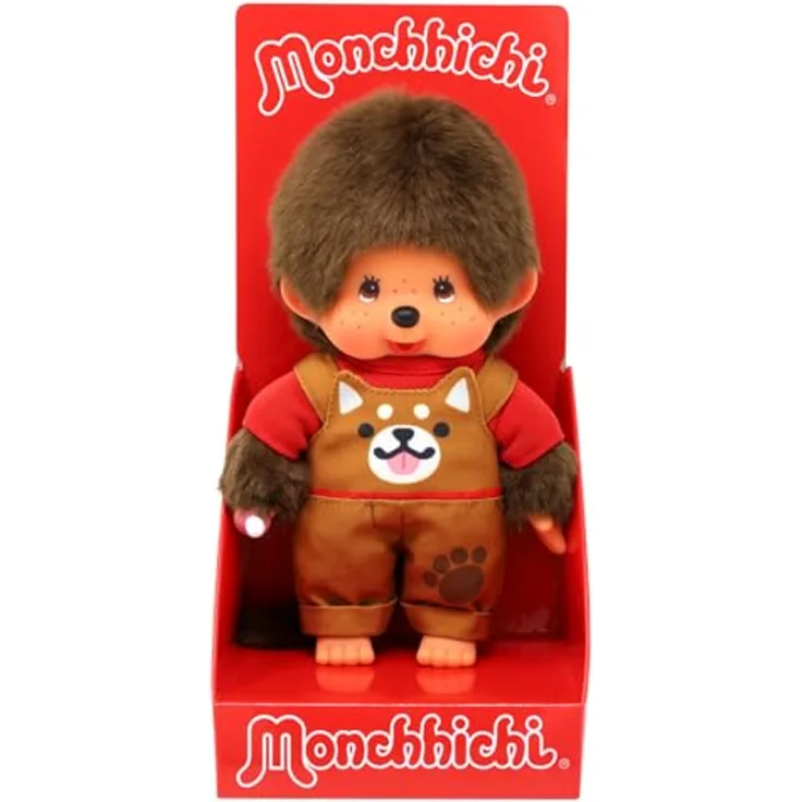 MONCHHICHI Kuschelpuppe Junge mit Latzhose und Hundedesign, 20cm Plüschspielzeug