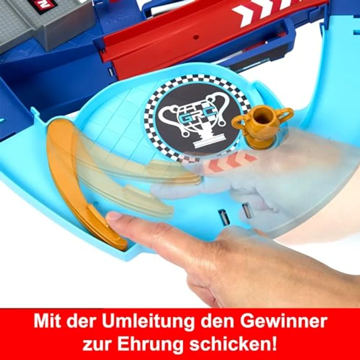 Mattel Disney und Pixar Cars GRC Sprung-Rennstrecke Trackset mit 2 Spielzeugautos, Lightning McQueen und Francesco Bernoulli, manuellem Beschleuniger, HXJ32 – Bild 3