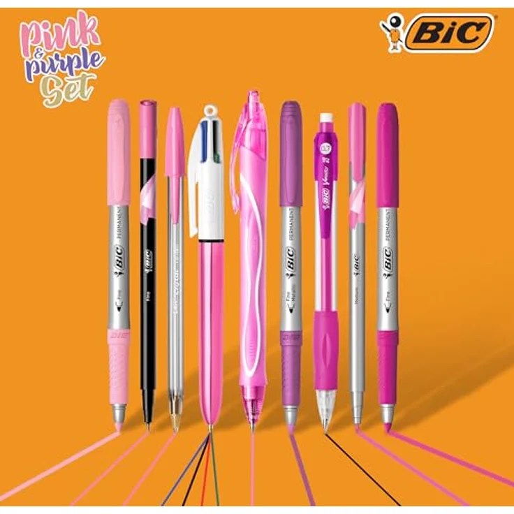 BIC Pink & Purple Stifte Set: Kugelschreiber, Fineliner, Bleistifte, Tintenroller & Permanent Marker, Metallic-Rosa Etui – Bild 3