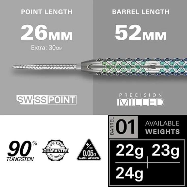 Target Darts Rove Swiss Point Steeldarts, 90% Tungsten Dart-Set, Barrel 01-22G | Steeldarts-Set, Grün & Silber, Profi Dart-Set mit Swiss Points & Tool – Bild 2