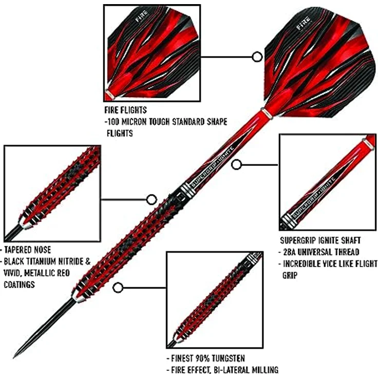 Harrows Fire Inferno 90% Tungsten Darts, Darts-Set mit Stahlspitze, verschiedene Gewichte 21g-26g, mit Supergrip Ignite Shafts und 100 Micron Fire Flights – Bild 5