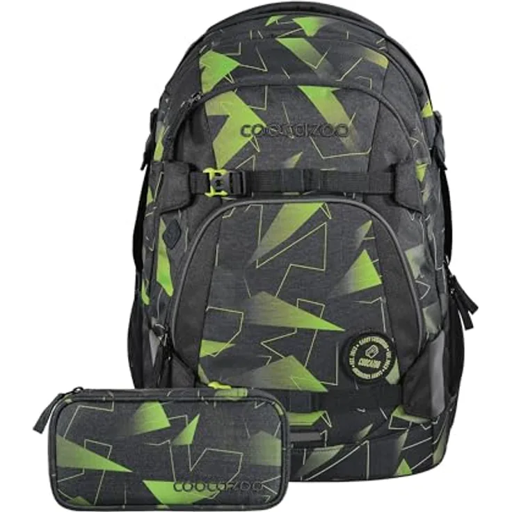 Coocazoo Schulrucksack-Set Mate „Lime Flash“, 30L ergonomischer Tornister mit Brust- und Hüftgurt, schwarz, inkl. Mäppchen und reflektierenden Elementen