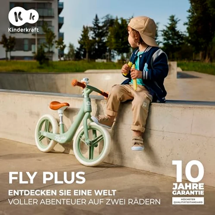 Kinderkraft Laufrad FLY PLUS 2, Lernlaufrad mit höhenverstellbarem Sattel, 12 Zoll Rädern, Magnesiumrahmen und Klingel, ab 2 Jahre, Retro Design, Blau – Bild 2