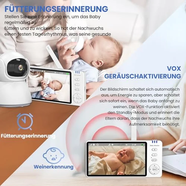 EXTRALINK Babyphone mit Kamera, 5 Zoll HD Display, Nachtsicht, 2-Wege Audio, VOX, Temperaturüberwachung, FHSS 2,4GHz, 300m Reichweite, 3500mAh Akku – Bild 4