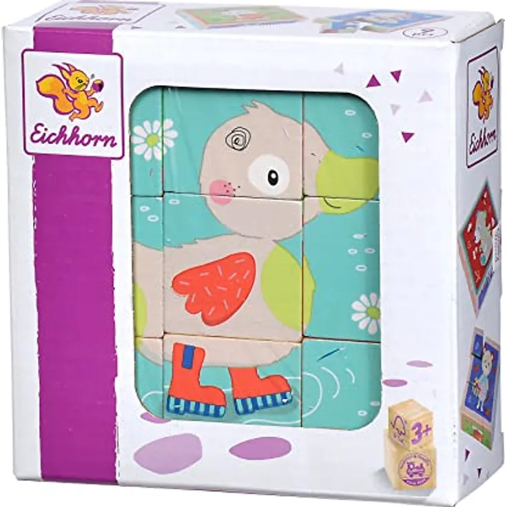 Eichhorn - Bilderwürfel Friends aus 9 Bausteinen mit 6 Tiermotiven, 9-teilig, 12x12 cm, 100 % FSC Zertifiziertes Birkenholz, ab 3 Jahren