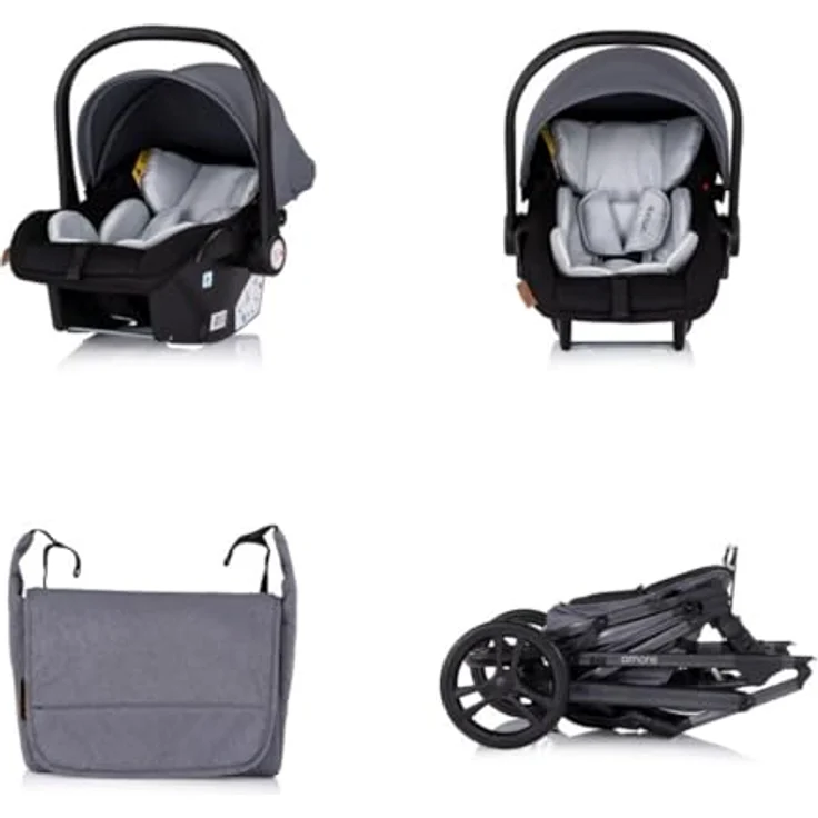Chipolino Kinderwagen 3 in 1 Amore Babyschale Adapter Wickeltasche, grau gemustert, mit integrierter Federung und verstellbarer Sitzeinheit – Bild 5