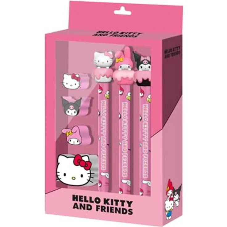 Karactermania Hello Kitty Schreibwaren-Set, 3 Bleistifte, 3 Radiergummis, 1 Anspitzer, Metallspitze – Bild 2