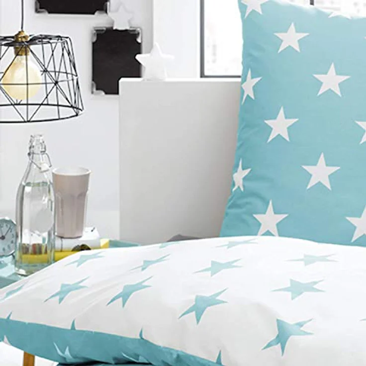 TREND Bettwäsche Sterne Türkis Weiß Stars Wendeoptik Perkal 155x220cm, 100% Baumwolle – Bild 3