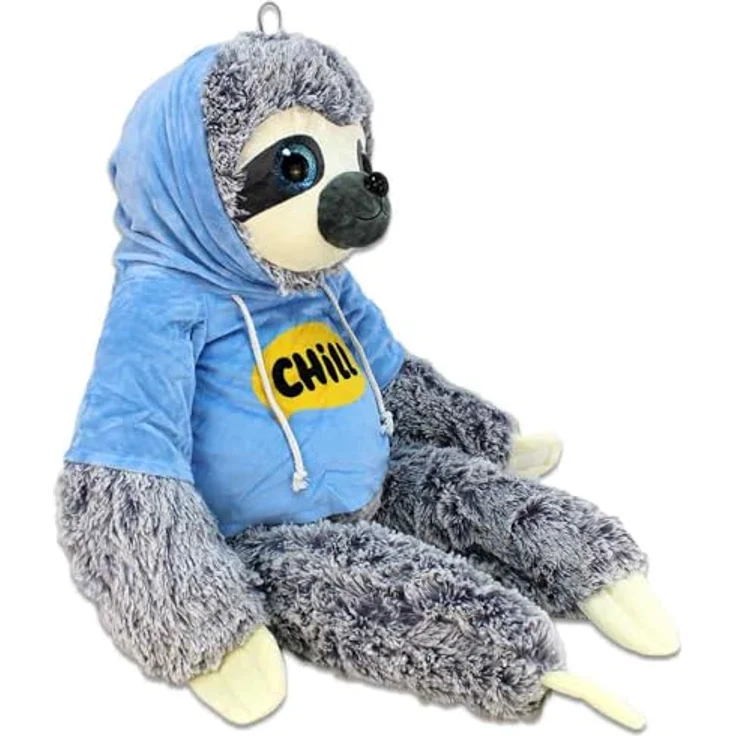 BEMIRO Faultier Kuscheltier XXL – 80 cm, Füllung aus 100% recyceltem Material, mit Hoodie, glitzernde Augen, kuschelig weich (Blau) – Bild 5