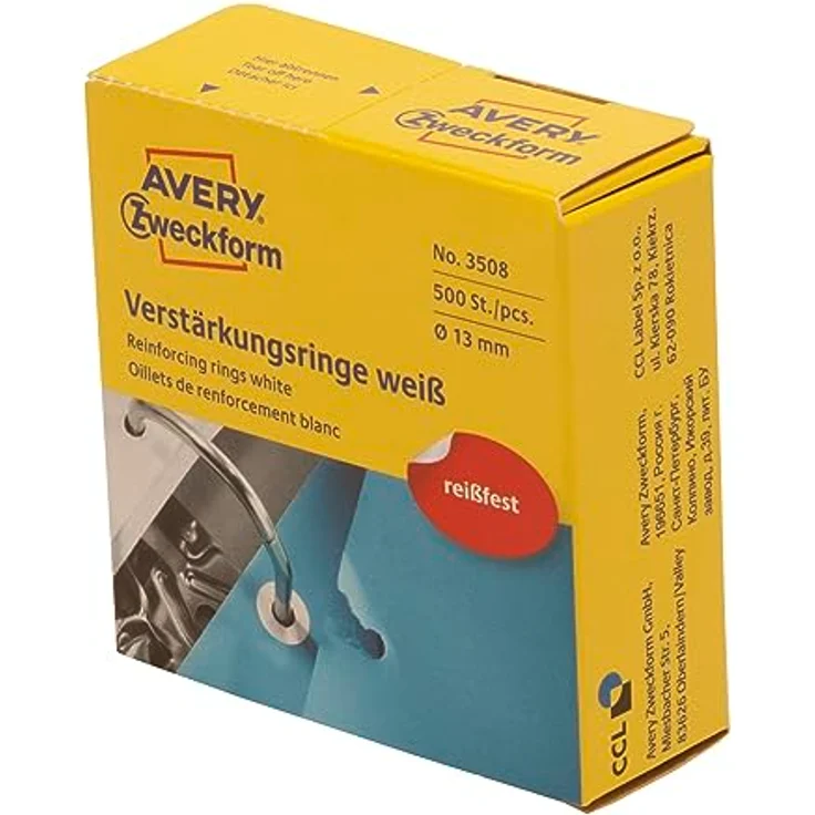 AVERY Zweckform 3508 Lochverstärker selbstklebend 500 Stück (Ø13mm, Lochverstärkungsringe auf Rolle, permanent haftende Ringverstärker, Ringlochverstärker fürs Abheften, reißfeste Folie) weiß – Bild 1