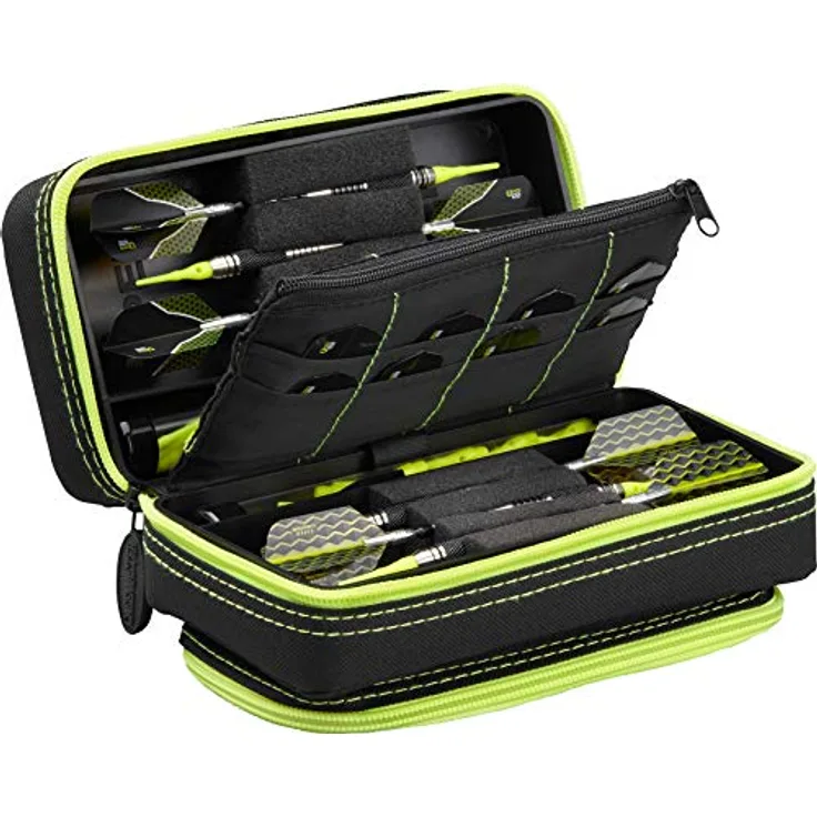 Casemaster Plazma Pro Dart-Etui mit Handyfach, für Stahlspitzen und Softspitze, Schwarz, Unisex-Erwachsene, Casemaster Plazma Pro Black with Yellow Trim Dart Case and Phone Pocket, gelb