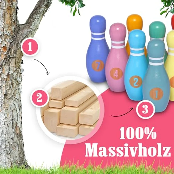 Pink Papaya Kegelspiel für Kinder - 12 teiliges Bowling Set, Outdoor & Indoor Spielzeug aus FSC-zertifiziertem Holz, schult & fördert Ihr Kind – Bild 4