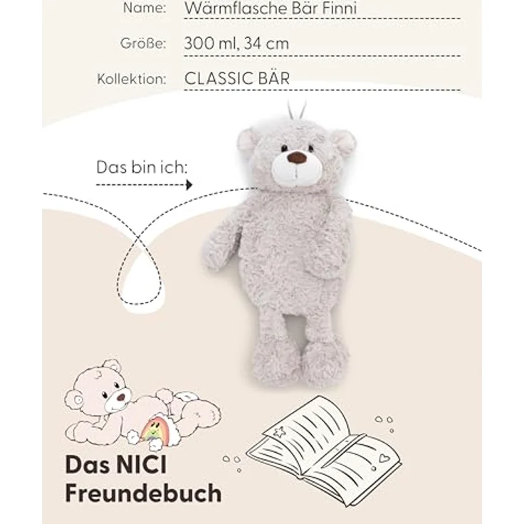 Nici Wärmflasche Classic Bear Finni, 2in1 Kuscheltier & Wärmflasche, 300 ml, zartgraues Plüsch, enthält recyceltes Material – Bild 5
