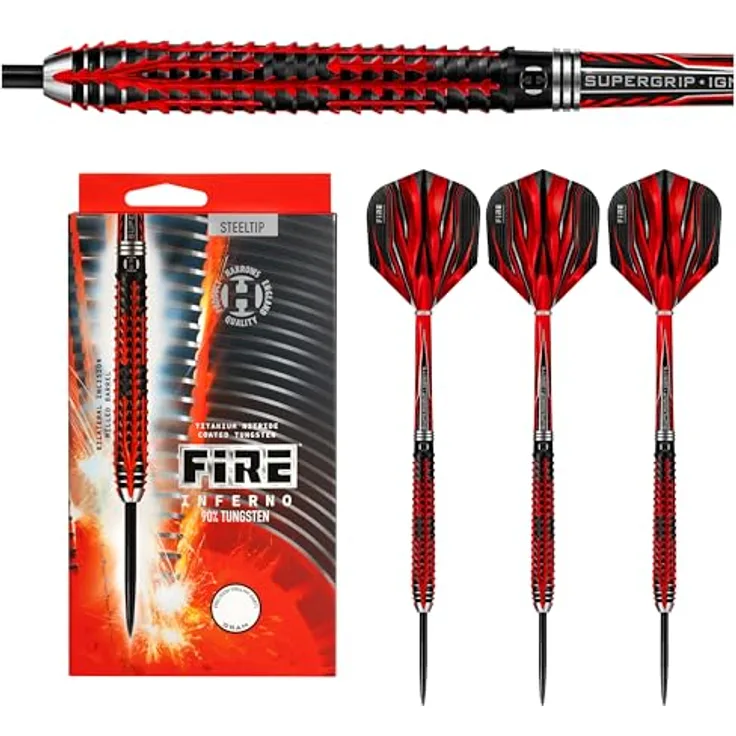 Harrows Fire Inferno 90% Tungsten Darts, Darts-Set mit Stahlspitze, verschiedene Gewichte 21g-26g, mit Supergrip Ignite Shafts und 100 Micron Fire Flights