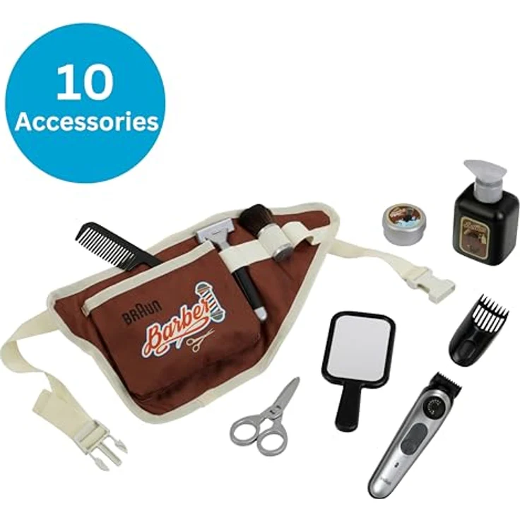 Klein Spielzeug-Frisierkoffer Braun, Barbergürtel mit Zubehör für Kinder, inklusive Bartschneider und Schere – Bild 3