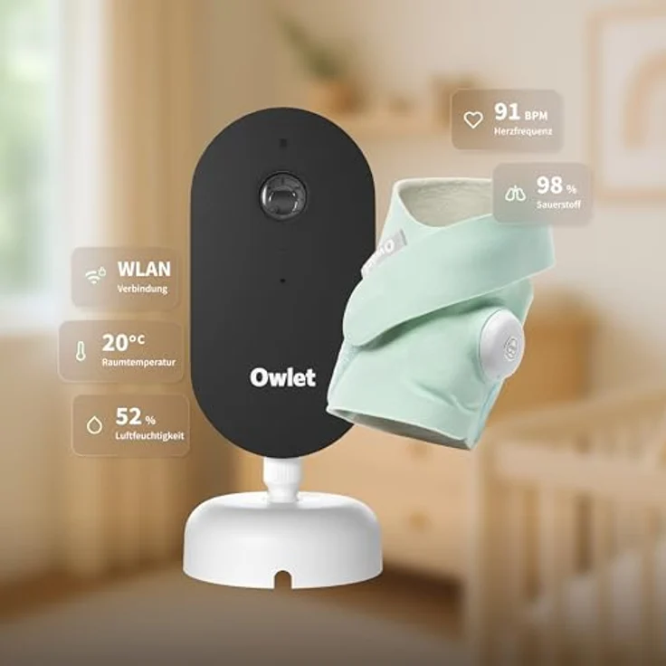 Owlet Dream Duo – Smart Baby Monitor mit Dream Sock® Sensor, 2K HD Kamera, Puls- & Sauerstoffmessung, Schlafanalyse, WLAN & App-Steuerung, mint – Bild 2