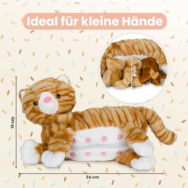 Mamanimals Katze Kuscheltier mit 3 Baby Katzen, Reißverschluss-Bauch, magnetische Zitzen zum Säugen, hochwertiges Plüschtier Set für Kinder, orange getigert – Bild 2