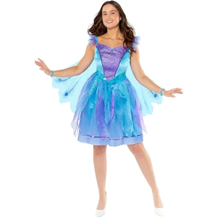 Amscan Zauberhaftes Pfauen Kostüm für Damen, mehrlagiges Tüllkleid mit Pfauenfedern und Flügeln, Größe L – Bild 2