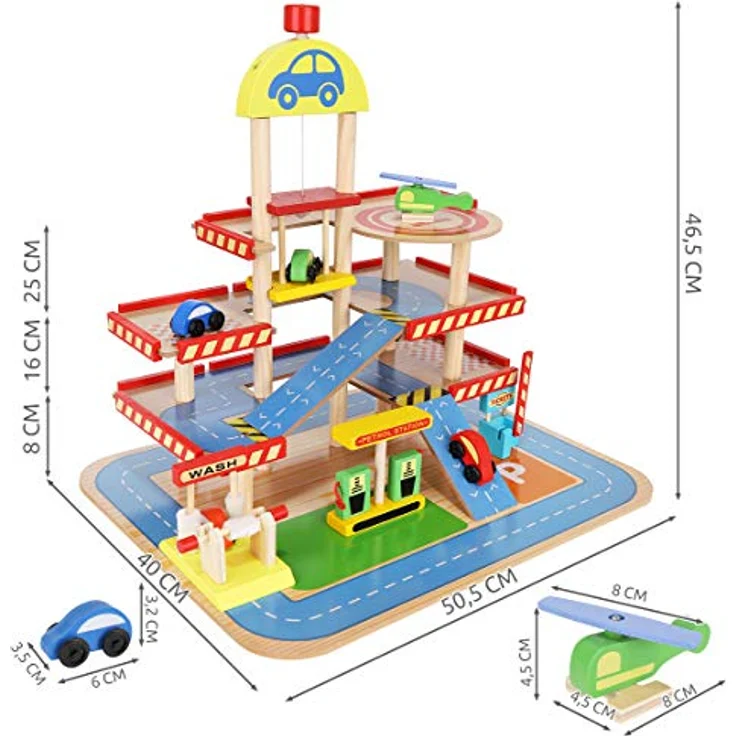 KRUZZEL Parkhaus 3-Ebene Auto Garage aus Holz für Kinder ab 3 Jahren, inklusive 4 Autos und Hubschrauber, mit Autowaschanlage und Tankstelle, Maße 40x50,5x46,5 cm – Bild 2