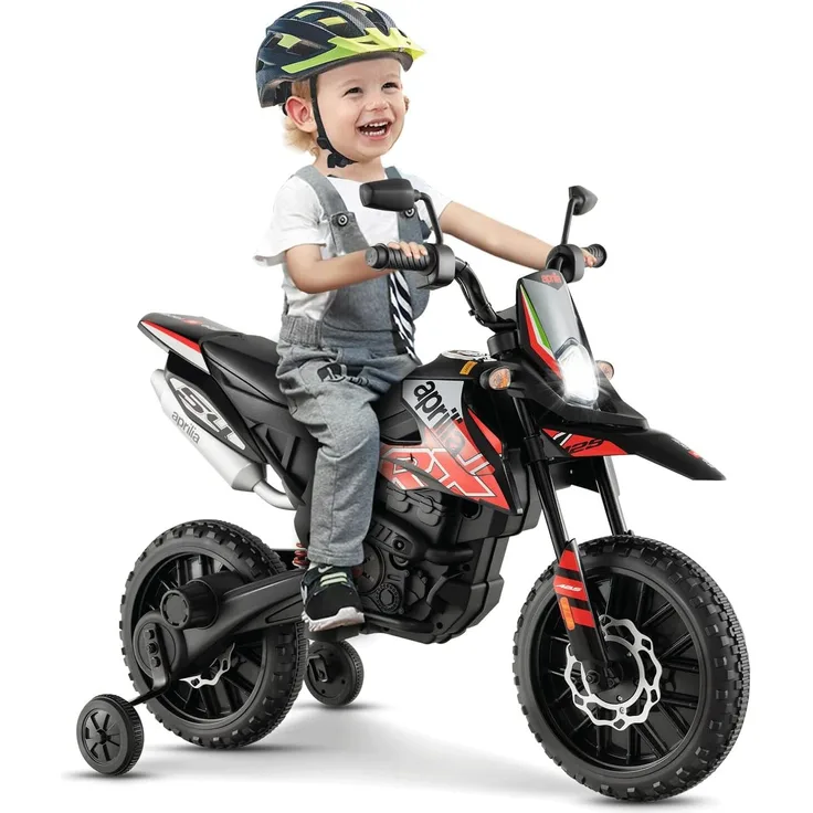 GOPLUS 12V Aprilia Elektro Motorrad, Kindermotorrad mit Doppelmotoren, 2 Stützrädern, Scheinwerfer, Musik, Stoßdämpfer, für Kinder von 3-8 Jahren (Rot)