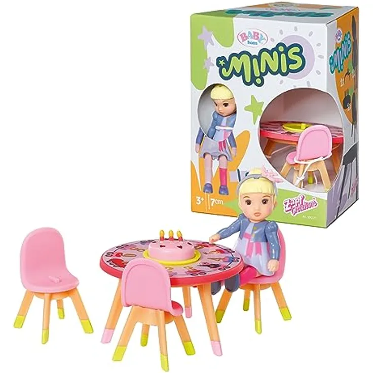 BABY born Minis, Minipuppe mit Geburtstagstisch, Spielset Happy Birthday, 7 cm große Puppe Lea mit Tisch, Kuchen, Torte und Stühlen, 906170, Zapf Creation