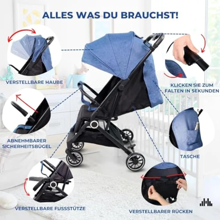 Mobiclinic® Kids, Trip Kinderwagen, Ultra-kompakt, 5-Punkt-Gurt, Lenker, Korb, Europäische Marke, 0-36 Monate, voll verstellbar, Einzelgriff, klappbare Haube, feststellbare Bremsen, 360º Räder – Bild 5