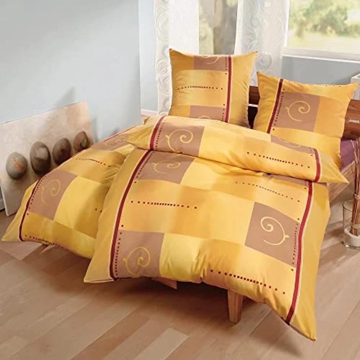 Erwin Müller Bettwäsche, Bettgarnitur Single-Jersey - 100% Baumwolle, pflegeleicht, bügelleicht, mit praktischem Reißverschluss - Ocker-gelb-rot Größe 155x220 cm (40x80 cm) – Bild 2