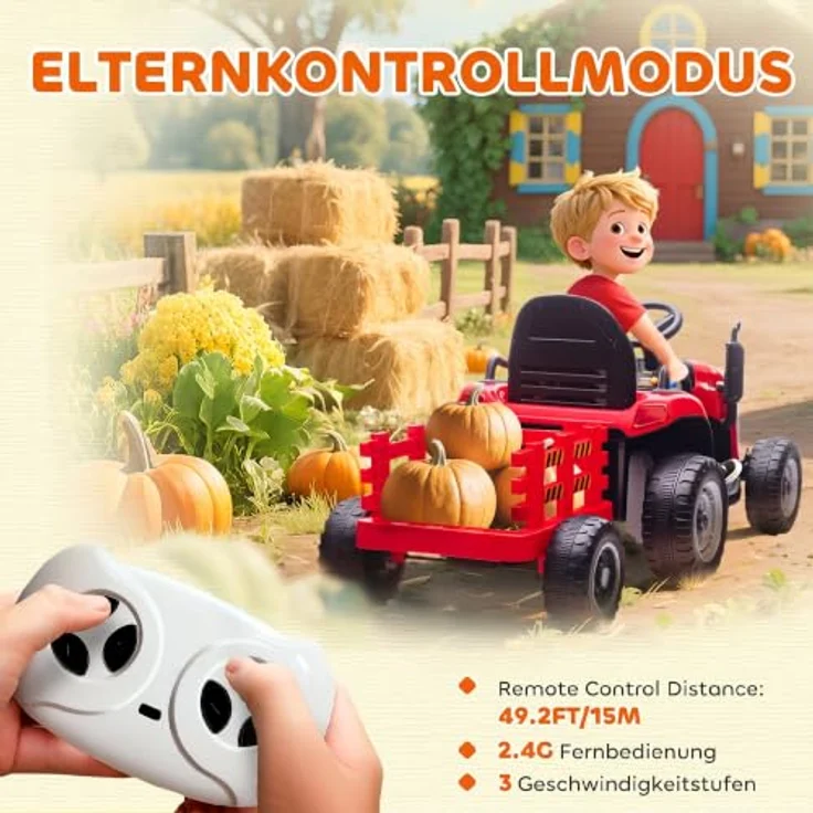 AIYAPLAY Elektrischer Kinder Traktor mit Anhänger, 3-Gang, 2 Motoren, rot, für 3-8 Jahre – Bild 5
