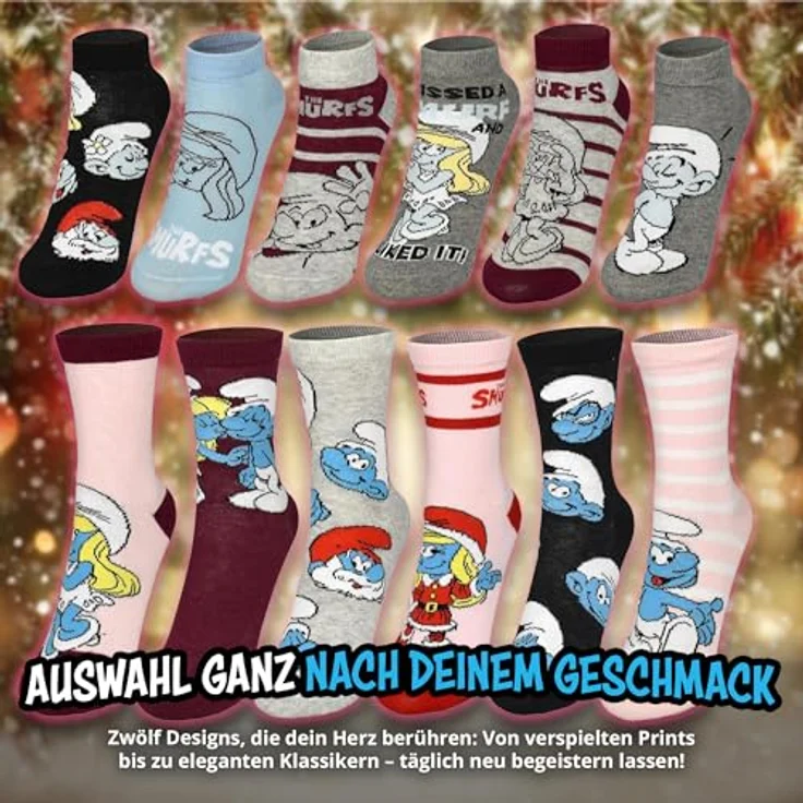 United Labels Adventskalender Die Schlümpfe, 12 Paar Socken für Damen, Größe 35-41, Sneaker und lange Socken, offizielles Merchandise – Bild 4