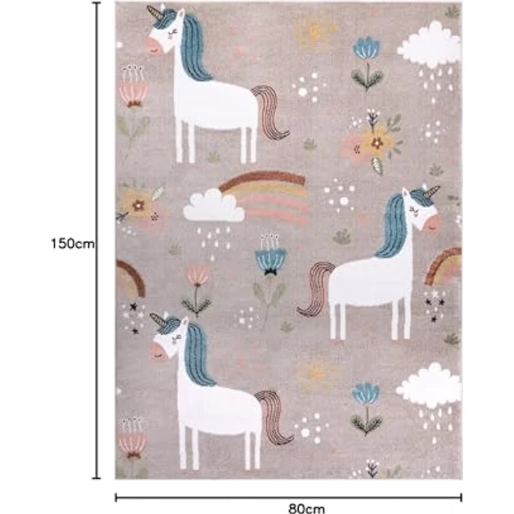rugsx FUN Sweety Kinderteppich, Einhorn-Regenbogen Muster, beige, 80x150 cm, 100% Polypropylen, pflegeleicht, für Fußbodenheizung geeignet – Bild 3