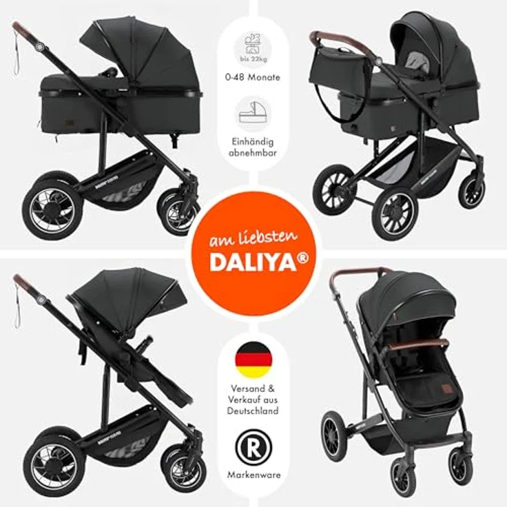 Daliya FLEXI-PRO M 2in1 Kombikinderwagen, klappbar, höhenverstellbar, mit Liegefunktion und großem Einkaufskorb, dunkelgrau – Bild 2