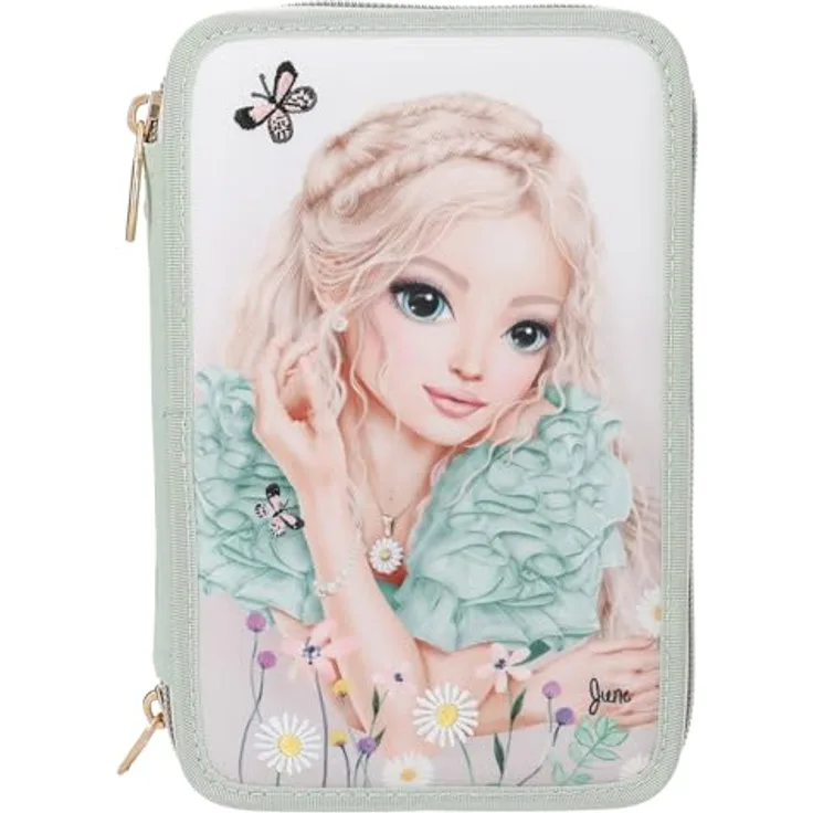 Depesche 13303 TOPModel Summer Feeling, gefüllte 3-Fach Federtasche in Salbeigrün, mit Model Motiv, 18 Buntstiften, Schere und Lineal
