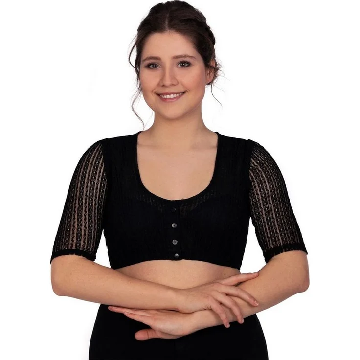 Edelnice Dirndlbluse Kassandra, elegante Spitzenbluse mit 3/4 Puffärmeln, Perlmutt-Knöpfen, schwarz