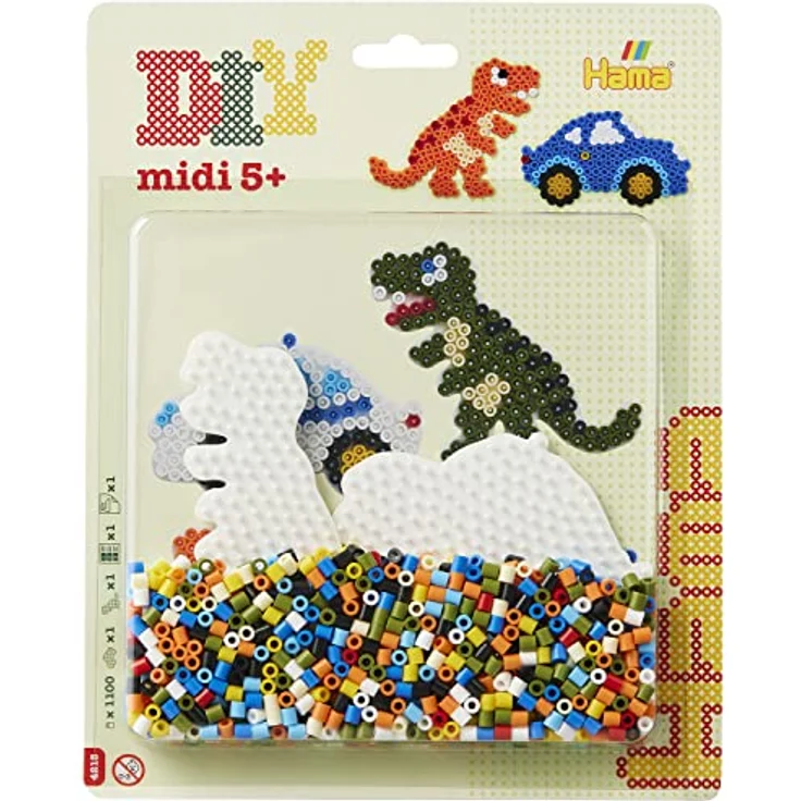 Hama Perlen 4215 Bügelperlen Dino und Auto, Blisterpackung mit ca. 1.100 Midi-Perlen, 2 Stiftplatten zum Zusammenstecken, Bügelpapier und Anleitung, für Kinder ab 5 Jahren – Bild 1