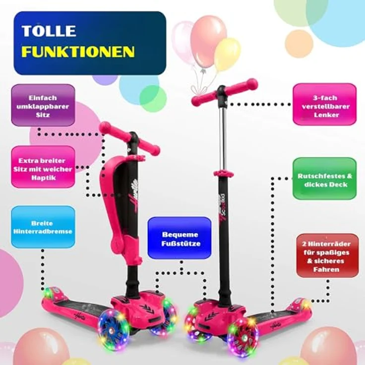 Hurtle 3-Rad-Roller Stand & Cruise, Klapp-Kick-Roller mit verstellbarer Höhe, rutschfestem Deck und blinkenden Radlichtern für Kinder zwischen 2 und 12 Jahren – Bild 2