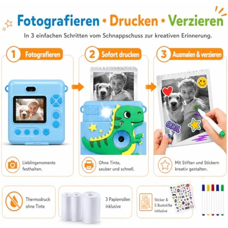 Denver KPC-1363, Kinderkamera mit 20 MP Fotoauflösung, integriertem Thermodrucker und Selfie-Objektiv, pink – Bild 3