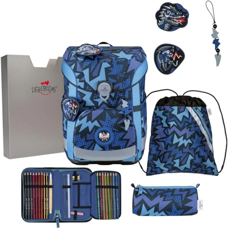 DerDieDas Schulranzen ErgoFlex Easy Set 6-teilig, großzügies Hauptfach, komfortable Träger, robustes Material, Dark Dragon blau – Bild 1