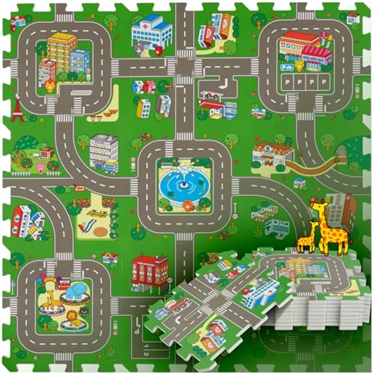 tectake® Puzzlematte Baby XXL, EVA Spieldecke mit Stadtmotiv, Schaumstoffmatte für Autos, rutschfest und leicht zu reinigen – Bild 1