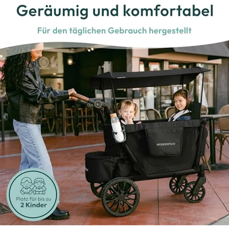Wonderfold L2 Kombikinderwagen für 2 Kinder, kompakter Bollerwagen mit seitlicher Tür, flexible Sitzbänke, 360°-Räder und Klappmechanismus, schwarz – Bild 6
