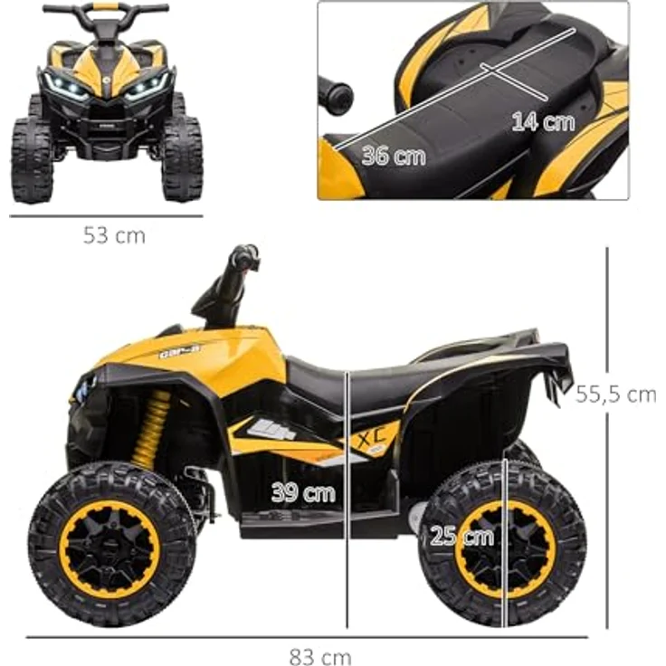 HOMCOM Elektro-Kinderquad Gelb, Kindermotorrad mit MP3-Musikplayer, Belastbarkeit 25 kg, für Kinder 3-5 Jahre, 3-6 km/h – Bild 5
