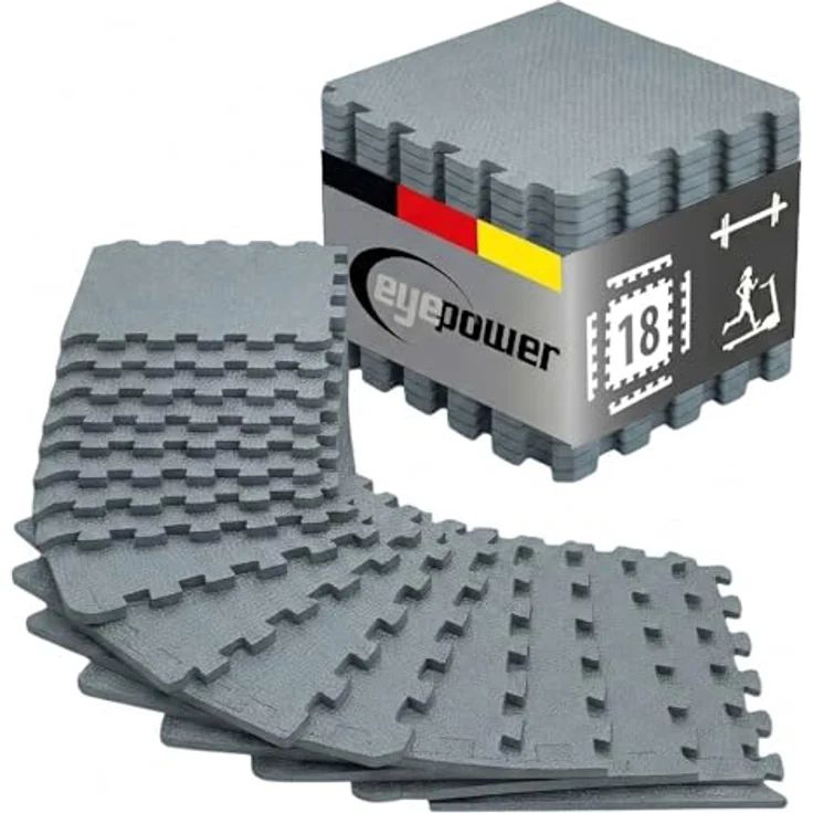 eyepower Puzzlematte XL - 1,6 m² Trainingsmatte mit Rand, 18-tlg. EVA Bodenschutzmatte für Sport und Gymnastik, 30 x 30 x 1 cm, schalldämmend und stoßfest, schwarz – Bild 1